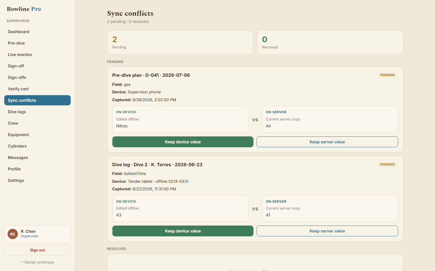 BowlineWerks supervisor Sync conflicts screen with 2 pending and 0 resolved offline edits, each showing the field, the device it was captured on, the capture time, an on-device value beside the current server value, and green Keep device value and outlined Keep server value buttons.